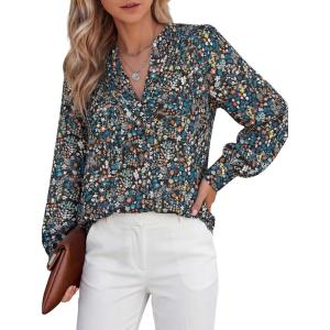imageBTFBM Womens Tops Dressy Casual Spring 2026 Boho Floral V Neck Long Sleeve Half Button Down Shirt Work Business BlousesFloral Black Blue