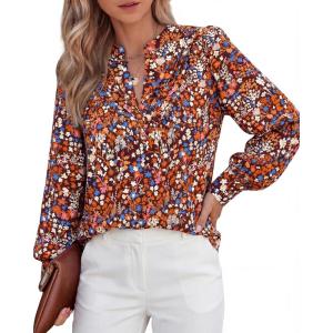 imageBTFBM Womens Tops Dressy Casual Spring 2026 Boho Floral V Neck Long Sleeve Half Button Down Shirt Work Business BlousesFloral Wine Red