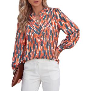 imageBTFBM Womens Tops Dressy Casual Spring 2026 Boho Floral V Neck Long Sleeve Half Button Down Shirt Work Business BlousesStriped Orange
