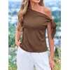 image:imageBTFBM 2026 Off The Shoulder Tops for Women Summer Shirts Short Sleeve Satin Blouses Silk Going Out Top Beach VacationBrown