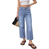 image:imageBTFBM Jeans for Women 2026 Summer High Waisted Button Straight Leg Stretchy Cropped Raw Hem Trendy Denim Pants PocketsLight Blue