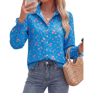 image:imageBTFBM Long Sleeve Blouses for Women Floral V Neck Button Down Shirts Smocked Cuffs Business Casual Summer Outfits 2026Floral Blue Orange