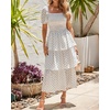 image:imageBTFBM Womens Square Neck Smocked Dress Summer Puff Short Sleeve Floral Casual Ruffle Tiered Maxi Wedding Guest DressesDot White Black