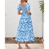 image:imageBTFBM Womens Square Neck Smocked Dress Summer Puff Short Sleeve Floral Casual Ruffle Tiered Maxi Wedding Guest DressesFloral Blue
