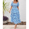 image:imageBTFBM Womens Square Neck Smocked Dress Summer Puff Short Sleeve Floral Casual Ruffle Tiered Maxi Wedding Guest DressesFloral Blue