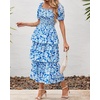 image:imageBTFBM Womens Square Neck Smocked Dress Summer Puff Short Sleeve Floral Casual Ruffle Tiered Maxi Wedding Guest DressesFloral Blue