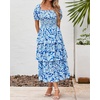 image:imageBTFBM Womens Square Neck Smocked Dress Summer Puff Short Sleeve Floral Casual Ruffle Tiered Maxi Wedding Guest DressesFloral Blue