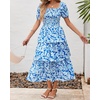 image:imageBTFBM Womens Square Neck Smocked Dress Summer Puff Short Sleeve Floral Casual Ruffle Tiered Maxi Wedding Guest DressesFloral Blue