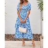image:imageBTFBM Womens Square Neck Smocked Dress Summer Puff Short Sleeve Floral Casual Ruffle Tiered Maxi Wedding Guest DressesFloral Blue