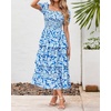 image:imageBTFBM Womens Square Neck Smocked Dress Summer Puff Short Sleeve Floral Casual Ruffle Tiered Maxi Wedding Guest DressesFloral Blue
