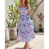 image:imageBTFBM Womens Square Neck Smocked Dress Summer Puff Short Sleeve Floral Casual Ruffle Tiered Maxi Wedding Guest DressesFloral Navy Multicolor