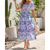 image:imageBTFBM Womens Square Neck Smocked Dress Summer Puff Short Sleeve Floral Casual Ruffle Tiered Maxi Wedding Guest DressesFloral Navy Multicolor