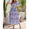 image:imageBTFBM Womens Square Neck Smocked Dress Summer Puff Short Sleeve Floral Casual Ruffle Tiered Maxi Wedding Guest DressesFloral Navy Multicolor
