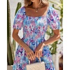 image:imageBTFBM Womens Square Neck Smocked Dress Summer Puff Short Sleeve Floral Casual Ruffle Tiered Maxi Wedding Guest DressesFloral Navy Multicolor