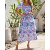 image:imageBTFBM Womens Square Neck Smocked Dress Summer Puff Short Sleeve Floral Casual Ruffle Tiered Maxi Wedding Guest DressesFloral Navy Multicolor