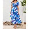 image:imageBTFBM Womens Square Neck Smocked Dress Summer Puff Short Sleeve Floral Casual Ruffle Tiered Maxi Wedding Guest DressesFloral Pink Blue