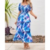 image:imageBTFBM Womens Square Neck Smocked Dress Summer Puff Short Sleeve Floral Casual Ruffle Tiered Maxi Wedding Guest DressesFloral Pink Blue