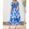 image:imageBTFBM Womens Square Neck Smocked Dress Summer Puff Short Sleeve Floral Casual Ruffle Tiered Maxi Wedding Guest DressesFloral Pink Blue