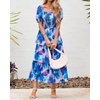 image:imageBTFBM Womens Square Neck Smocked Dress Summer Puff Short Sleeve Floral Casual Ruffle Tiered Maxi Wedding Guest DressesFloral Pink Blue