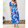 image:imageBTFBM Womens Square Neck Smocked Dress Summer Puff Short Sleeve Floral Casual Ruffle Tiered Maxi Wedding Guest DressesFloral Pink Blue