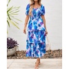 image:imageBTFBM Womens Square Neck Smocked Dress Summer Puff Short Sleeve Floral Casual Ruffle Tiered Maxi Wedding Guest DressesFloral Pink Blue