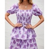 image:imageBTFBM Womens Square Neck Smocked Dress Summer Puff Short Sleeve Floral Casual Ruffle Tiered Maxi Wedding Guest DressesFloral Purple