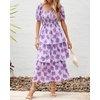 image:imageBTFBM Womens Square Neck Smocked Dress Summer Puff Short Sleeve Floral Casual Ruffle Tiered Maxi Wedding Guest DressesFloral Purple