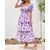 image:imageBTFBM Womens Square Neck Smocked Dress Summer Puff Short Sleeve Floral Casual Ruffle Tiered Maxi Wedding Guest DressesFloral Purple