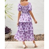image:imageBTFBM Womens Square Neck Smocked Dress Summer Puff Short Sleeve Floral Casual Ruffle Tiered Maxi Wedding Guest DressesFloral Purple