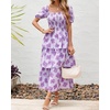 image:imageBTFBM Womens Square Neck Smocked Dress Summer Puff Short Sleeve Floral Casual Ruffle Tiered Maxi Wedding Guest DressesFloral Purple