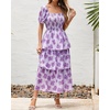 image:imageBTFBM Womens Square Neck Smocked Dress Summer Puff Short Sleeve Floral Casual Ruffle Tiered Maxi Wedding Guest DressesFloral Purple