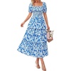image:imageBTFBM Womens Square Neck Smocked Dress Summer Puff Short Sleeve Floral Casual Ruffle Tiered Maxi Wedding Guest DressesFloral Blue