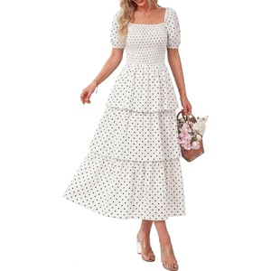 image:imageBTFBM Womens Square Neck Smocked Dress Summer Puff Short Sleeve Floral Casual Ruffle Tiered Maxi Wedding Guest DressesDot White Black