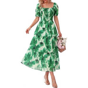 image:imageBTFBM Womens Square Neck Smocked Dress Summer Puff Short Sleeve Floral Casual Ruffle Tiered Maxi Wedding Guest DressesFloral Green
