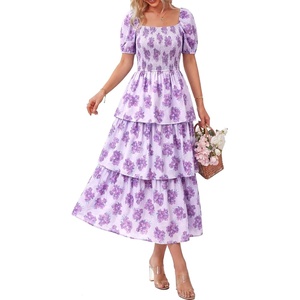 image:imageBTFBM Womens Square Neck Smocked Dress Summer Puff Short Sleeve Floral Casual Ruffle Tiered Maxi Wedding Guest DressesFloral Purple