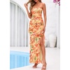 image:imageBTFBM Off The Shoulder Dresses for Women Summer 2026 Strapless Ruffle Slit Formal Wedding Guest Dress Cocktail PartyFloral Orange Red