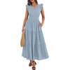 image:imageBTFBM Womens Summer Maxi Dress 2026 Spring Boho Vacation Ruffle Flutter Short Sleeve A Line Tiered Flowy Dresses PocketsBlue Grey