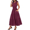 image:imageBTFBM Womens Summer Maxi Dress 2026 Spring Boho Vacation Ruffle Flutter Short Sleeve A Line Tiered Flowy Dresses PocketsBurgundy