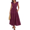 image:imageBTFBM Womens Summer Maxi Dress 2026 Spring Boho Vacation Ruffle Flutter Short Sleeve A Line Tiered Flowy Dresses PocketsBurgundy