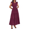 image:imageBTFBM Womens Summer Maxi Dress 2026 Spring Boho Vacation Ruffle Flutter Short Sleeve A Line Tiered Flowy Dresses PocketsBurgundy
