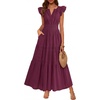 image:imageBTFBM Womens Summer Maxi Dress 2026 Spring Boho Vacation Ruffle Flutter Short Sleeve A Line Tiered Flowy Dresses PocketsBurgundy