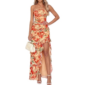 image:imageBTFBM Off The Shoulder Dresses for Women Summer 2026 Strapless Ruffle Slit Formal Wedding Guest Dress Cocktail PartyFloral Orange Red