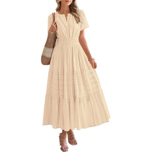 image:imageBTFBM Womens Summer 2026 Casual Midi Maxi Dresses Lightweight Short Sleeve V Neck Elastic Waist Boho Beach Dress PocketsApricot