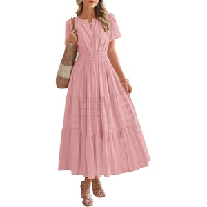 image:imageBTFBM Womens Summer 2026 Casual Midi Maxi Dresses Lightweight Short Sleeve V Neck Elastic Waist Boho Beach Dress PocketsBean Paste Pink