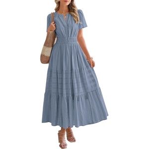 image:imageBTFBM Womens Summer 2026 Casual Midi Maxi Dresses Lightweight Short Sleeve V Neck Elastic Waist Boho Beach Dress PocketsBlue Grey