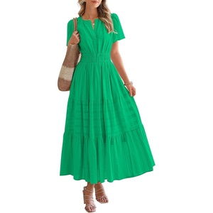 image:imageBTFBM Womens Summer 2026 Casual Midi Maxi Dresses Lightweight Short Sleeve V Neck Elastic Waist Boho Beach Dress PocketsBright Green