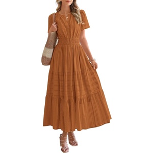 image:imageBTFBM Womens Summer 2026 Casual Midi Maxi Dresses Lightweight Short Sleeve V Neck Elastic Waist Boho Beach Dress PocketsBrown Orange
