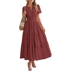 image:imageBTFBM Womens Summer 2026 Casual Midi Maxi Dresses Lightweight Short Sleeve V Neck Elastic Waist Boho Beach Dress PocketsBrown Red