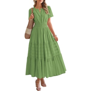 image:imageBTFBM Womens Summer 2026 Casual Midi Maxi Dresses Lightweight Short Sleeve V Neck Elastic Waist Boho Beach Dress PocketsGreen