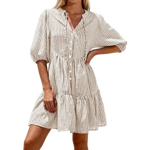 image:imageBTFBM Womens Summer Dresses 2026 Striped Mini Dress Half Sleeve Button Down Casual Flowy Beach Vacation Outfits PocketsBrown